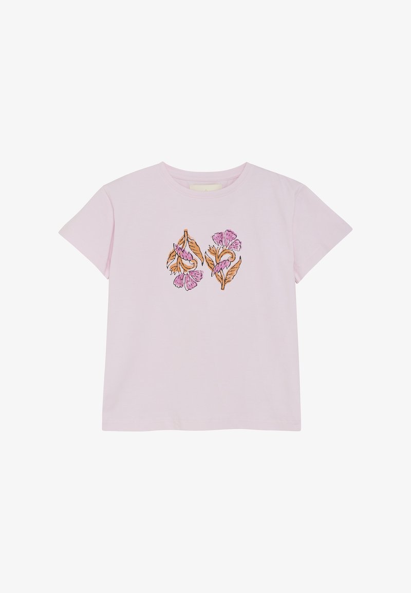 Ljust rosa bomullströja med korta ärmar och rund halsringning, med blommig brodyr i rosa och orange på framsidan.