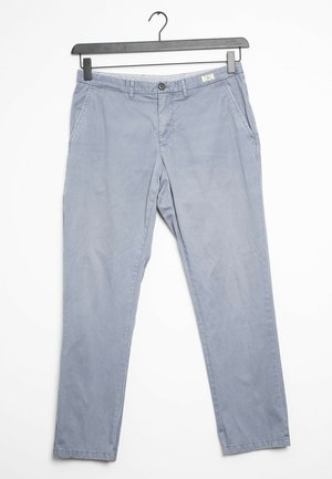 Light blue cotton trousers with a straight leg design, featuring two side pockets and a front button closure. Smooth texture with a subtle sheen.