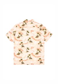 Korte mouwen shirt in licht perzik, met een palmboom patroon en tekstaccenten in oranje. Gemaakt van lichtgewicht stof met een ontspannen pasvorm.