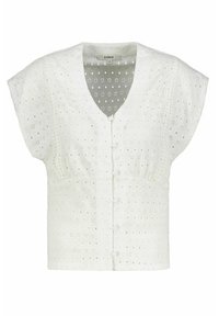 Biała bluzka z dekoltem w serek, krótkimi rękawami typu bufki i fakturowaną tkaniną z okrągłymi wycięciami. Przeszycia ozdobione tkanymi detalami.
