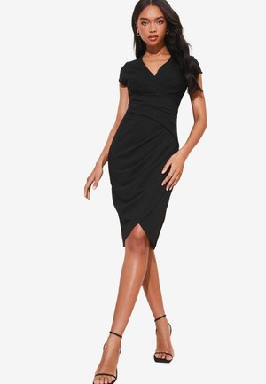 SHORT SLEEVE GATHERED WAIST MIDI - Pouzdrové šaty - black