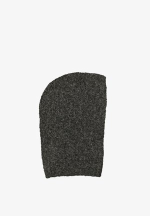 Tmavě šedá pletená vlněná čepice s výrazným strukturovaným vzorem a žebrovaným lemem na spodní straně.