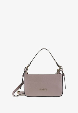 Piccola borsa a mano rettangolare in morbida pelle rosa con struttura a pallini e dettagli neri, dotata di un manico superiore singolo e accenti in hardware color oro.