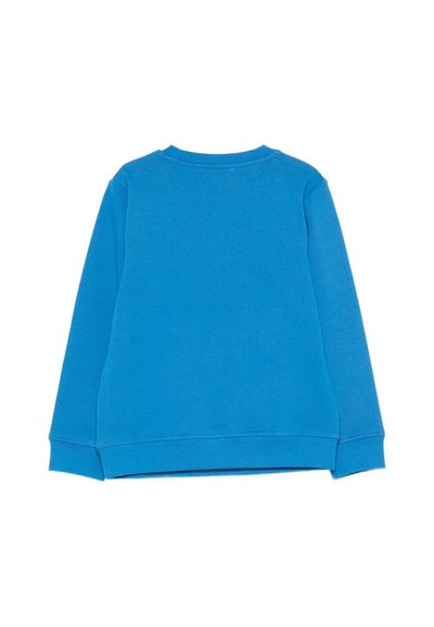 Felpa lunga a maniche blu tinta unita con polsini e orlo a coste, mostrata da dietro su uno sfondo bianco.