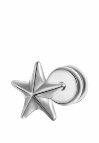 Manija de puerta en forma de estrella plateada con un diseño texturizado y angular, y una base redondeada. El acabado metálico suave realza su calidad reflectante.