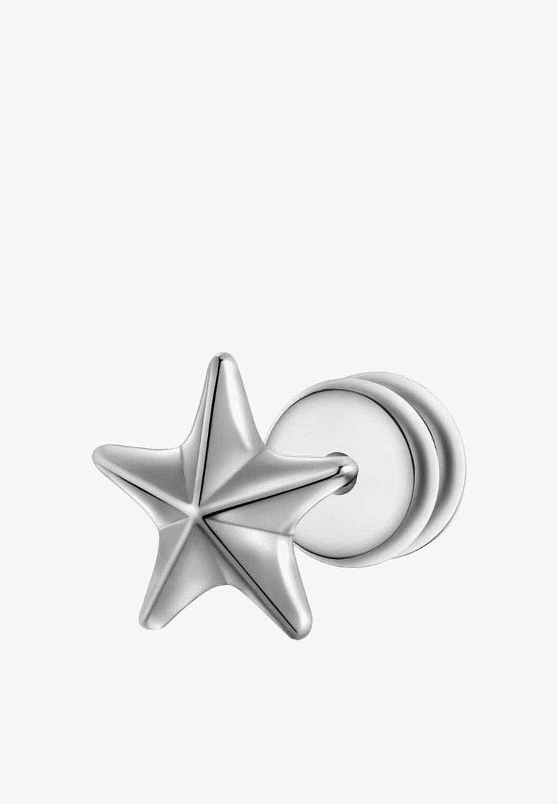 Manija de puerta en forma de estrella plateada con un diseño texturizado y angular, y una base redondeada. El acabado metálico suave realza su calidad reflectante.