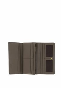 Brown leather wallet with a textured finish, multiple card slots, a zip pocket, and two transparent ID windows. Gold snap closure detail.