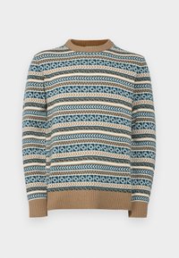 Suéter de punto con un patrón geométrico en azul, beige y crema, cuello y puños acanalados, diseño de corte recto.