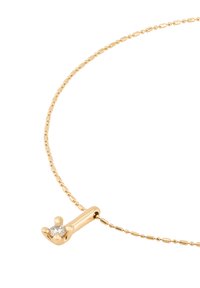 Collar de oro con cadena de cuentas, que presenta un colgante diseñado como una corona con una piedra preciosa central clara. Acabado pulido.