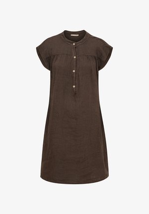 Brun kortærmet kjole med rund halsudskæring og fire knapper foran, løs pasform og knælængde.