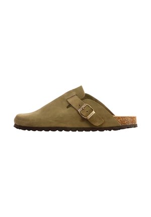 Sabot en daim vert olive à enfiler avec une bride réglable à boucle et une semelle en liège, conçu pour un port décontracté.