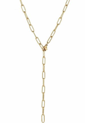 Collier chaîne en or avec des maillons rectangulaires allongés et un fermoir mousqueton, formant une forme en Y avec un long segment de chaîne pendante.
