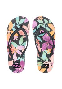 Svarta flip-flops med ett flerfärgat blommönster i gröna, rosa och lila blad. Texturerad innersula och svarta mellanband.