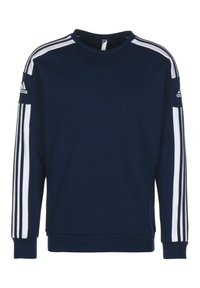 Marineblauwe sweatshirt van zachte stof met witte verticale strepen op de mouwen en een ronde halslijn. Adidas-logo op de schouder.