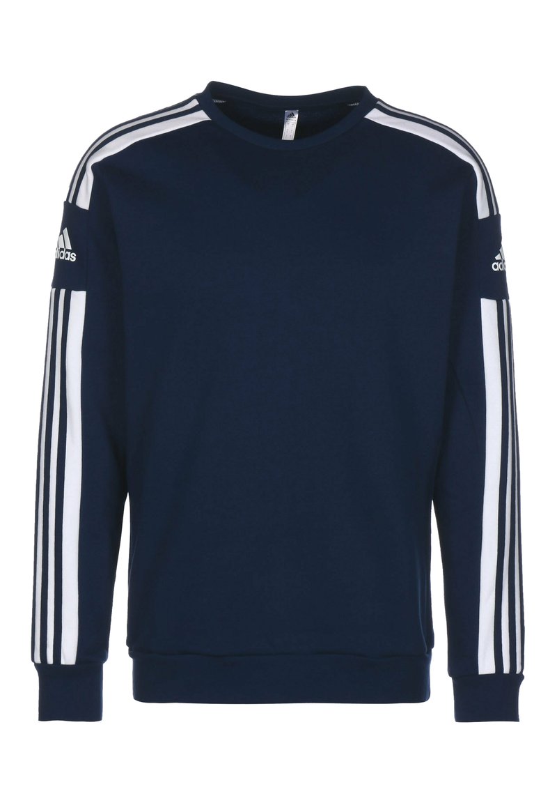 Marineblauwe sweatshirt van zachte stof met witte verticale strepen op de mouwen en een ronde halslijn. Adidas-logo op de schouder.