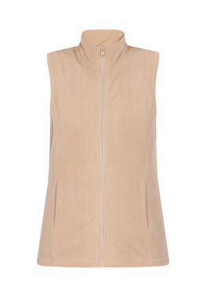 Vest din fleece bej, fără mâneci, cu guler înalt, fermoar frontal și două buzunare laterale; textură moale și design ajustat.