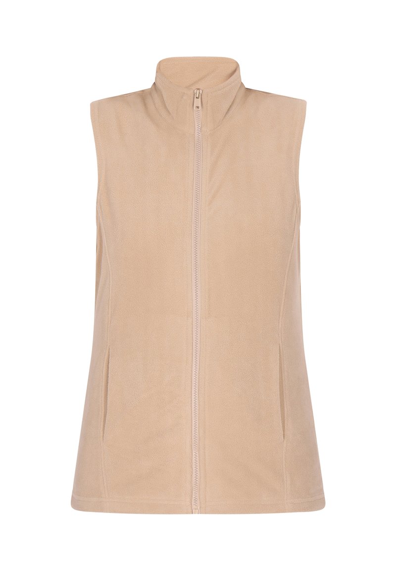 Beige ärmlös fleeceväst med hög krage, fram-zipper och två sidofickor; mjuk textur och figursydd design.