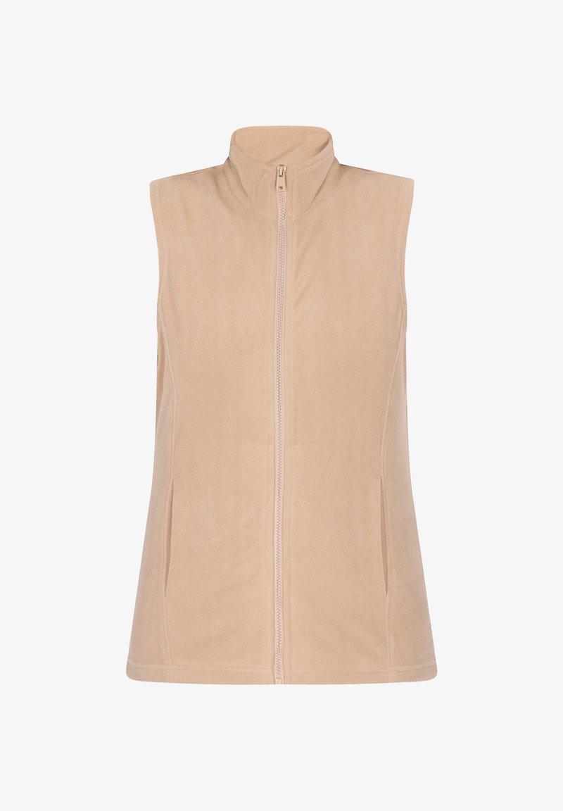 Beige ärmlös fleeceväst med hög krage, fram-zipper och två sidofickor; mjuk textur och figursydd design.