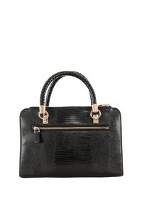 Sac à main en cuir noir avec une finition texturée, quincaillerie dorée, une poche avant zippée et une poignée tressée. Forme rectangulaire.