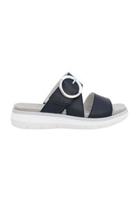 Navy leather slide sandal features two straps, a circular metal accent, and a cushioned insole atop a white rubber sole.
