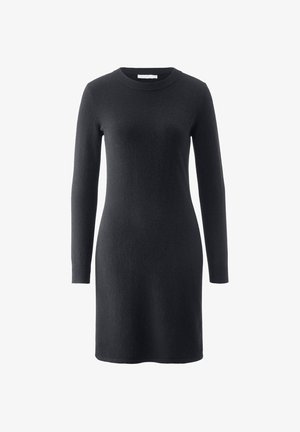 Schwarzes Strickkleid mit langen Ärmeln, Rundhalsausschnitt und schmaler Passform. Glatte Textur, knielang, ohne sichtbare Muster oder Hardware.