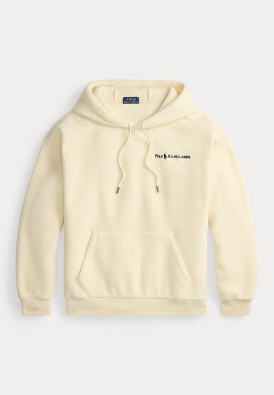 Kremasta flisasta kapuca z žepom spredaj, nastavljivim kapuco z vrvico in vezenim logotipom na levi prsni strani. Mehka tekstura in sproščen kroj.