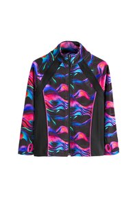 Mehrfarbige Zip-Up-Jacke mit einem Wellenmuster in Pink, Lila und Blau. Schwarze Seitenpaneele mit kontrastierenden Nähten und Akzenten.