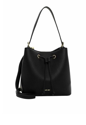 Sac seau en cuir noir avec une finition texturée, fermeture à cordon, quincaillerie dorée, et une bandoulière amovible.