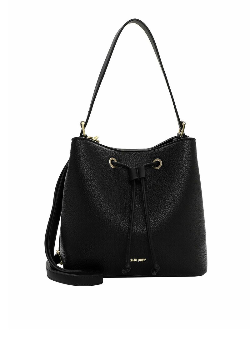 Svart läder bucket bag med en texturerad yta, dragsko-lås, detaljer i guldton och en avtagbar rem.