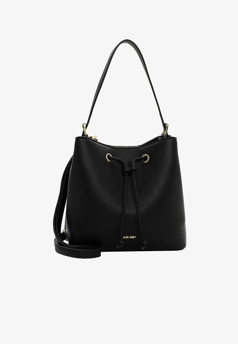 Must musträkkiv nahast kotti tekstuuriga pinnaga, nööriga sulgemisega, kuldse viimistlusega riistvara ja eemaldatava rihmaga.