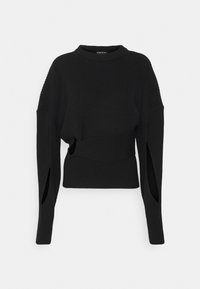 Black knitted sweater with a high neck, ribbed texture, long sleeves, and side cutouts. Features an elastic waistband for a fitted silhouette.