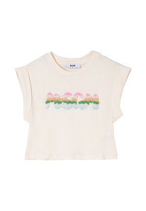 Maglietta crema a maniche corte per bambini piccoli con maniche arrotolate e design floreale colorato con perline sul petto, etichetta del marchio all'interno dello scollo.