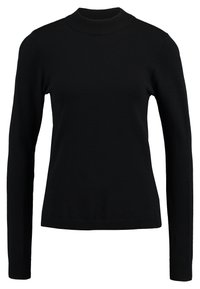 Pull noir à col montant, manches longues et coupe ajustée. Fabriqué dans un tissu doux et lisse avec des accents côtelés au niveau du col et des poignets.