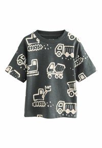 Gray short-sleeve t-shirt featuring white truck and construction vehicle patterns. Crew neck, relaxed fit, made of soft cotton fabric.