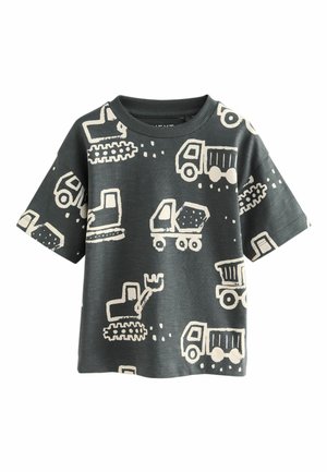 Gray short-sleeve t-shirt featuring white truck and construction vehicle patterns. Crew neck, relaxed fit, made of soft cotton fabric.