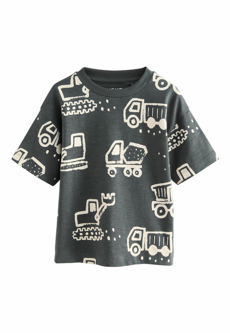 Gray short-sleeve t-shirt featuring white truck and construction vehicle patterns. Crew neck, relaxed fit, made of soft cotton fabric.