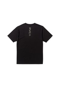 T-shirt nero a maniche corte realizzato in tessuto morbido; presenta un logo verticale RVCA grigio chiaro sul retro. Collo a giroclassico.