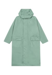 Mint green waterproof coat featuring a high collar, long sleeves, two front pockets, and a relaxed fit design. Smooth, lightweight fabric.
