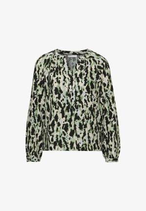 Paita pitkähihaiseen, kevyestä kankaasta, jossa on vihreä, musta ja kerma abstrakti kuosi, V-pääntie ja napitus etupuolella.