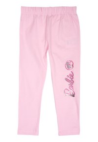 Leggings rosa chiaro con una vita elastica e testo metallico "Barbie" sui lati, caratterizzati da una morbida texture di cotone e una vestibilità slim.