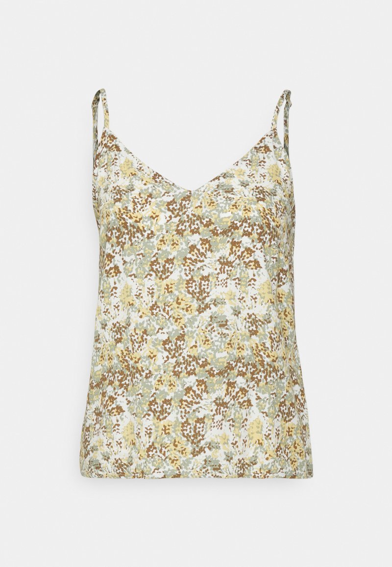 Top sem mangas com padrão floral e decote em V. Apresenta um padrão em verde claro, amarelo e castanho. Feito de tecido macio com alças finas ajustáveis.