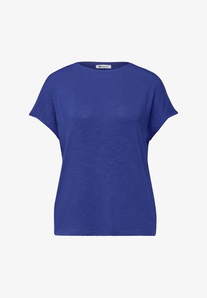 Dame kortærmet bluse med rund hals i ensfarvet kongeblå med afslappet pasform og subtil tekstur.