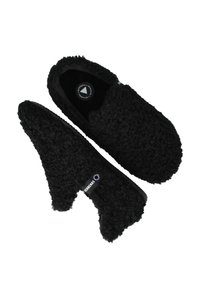 Zwarte instap slippers gemaakt van geprofileerd, fuzzy materiaal; beschikt over een dikke zool en binnenvoering, met een gedeeltelijke uitsparing voor flexibiliteit.