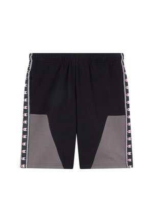 Pantaloncini sportivi neri e grigi con tessuto testurizzato, vita elastica e dettaglio del logo lungo i lati in un motivo ripetuto.