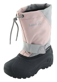 Lichtroze en grijze waterdichte sneeuwboot met een gestructureerde zwarte rubberen zool, een verstelbare trekkoord bovenkant en een grijze band met een logo.