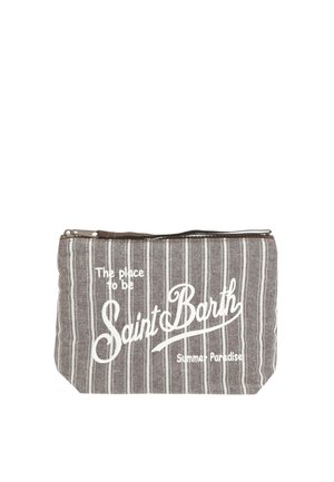 Pochette zippée rayée marron et blanche avec texte blanc "The place to be Saint Barth Summer Paradise" sur le devant.