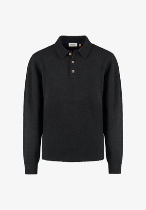 Crna polo majica s dugim rukavima, izrađena od teksturirane tkanine, s tri gumba i klasičnom kragnom.