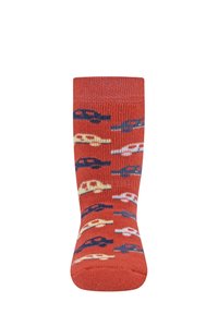 Red cotton socks featuring a repeating pattern of colorful cars in multiple colors, including yellow, white, and navy blue.