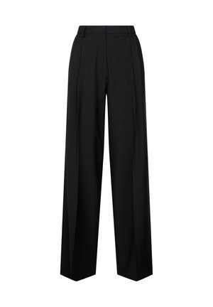 Sorte skræddersyede bukser med vidde, høj talje, bæltestropper og folder foran, vist mod en ensfarvet hvid baggrund.