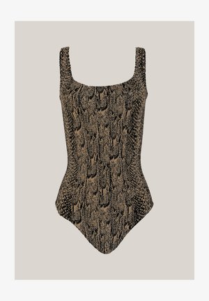 Eén-delig badpak met een slangenpatroon in bruin- en zwarttinten, met een vierkante halslijn en brede bandjes. Glad textuur.